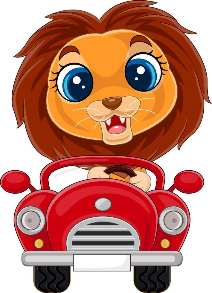 dessin animé bébé lion conduisant une voiture rouge vecteur