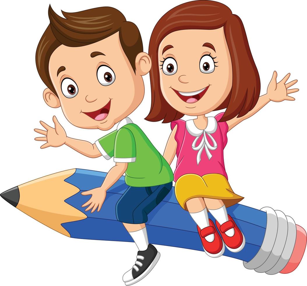 dessin animé petit garçon et fille volant sur un crayon vecteur