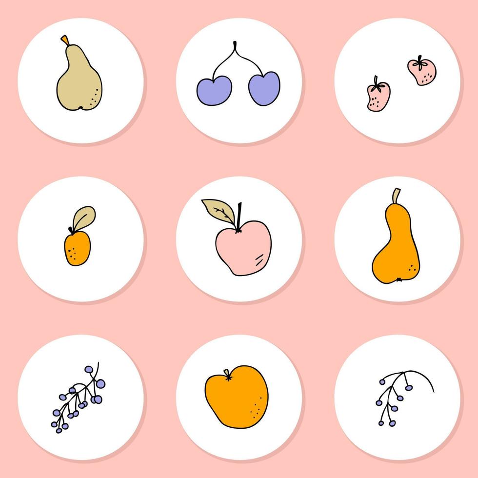 ensemble d'icônes de mise en évidence de l'histoire d'éléments de fruits de doodle. vecteur