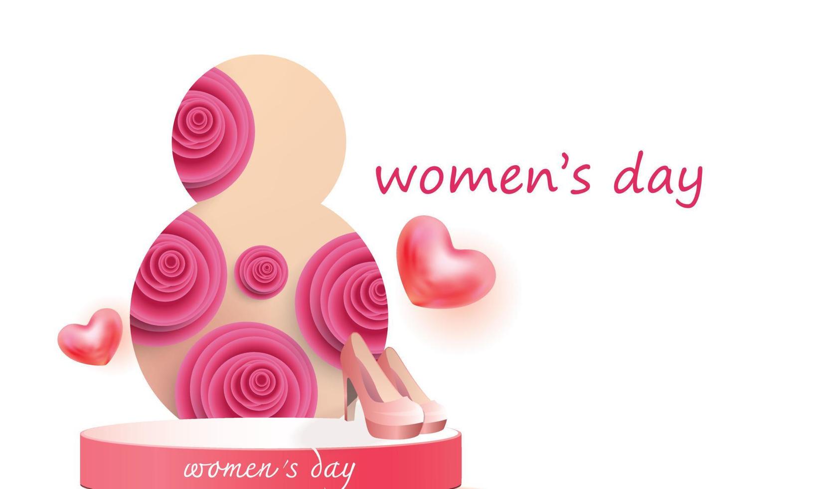 8 mars illustration de la journée de la femme heureuse. papier art rose fond rouge fleur et coeur vecteur