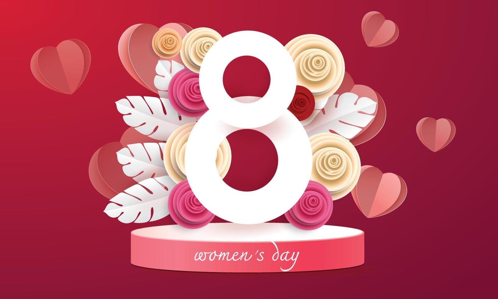 8 mars illustration de la journée de la femme heureuse. papier art rose fond rouge fleur et coeur vecteur