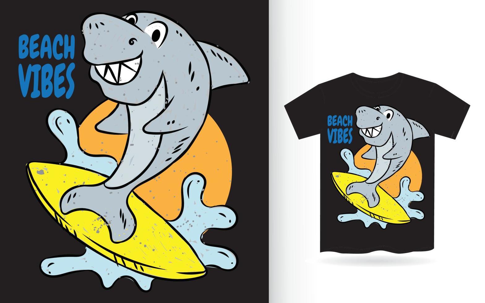 requin dessiné à la main avec planche de surf pour t-shirt vecteur