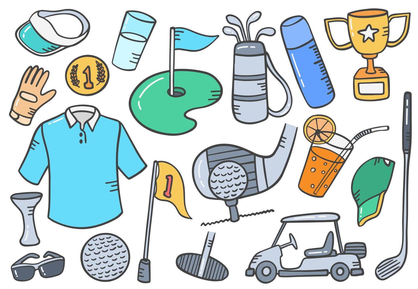 golf sport doodle collections de jeux dessinés à la main avec un style de contour plat vecteur