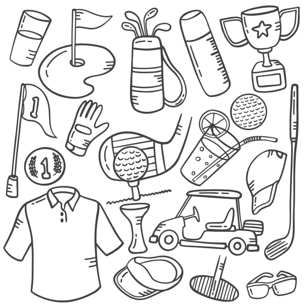 concept de sport de golf doodle collections de jeu dessinés à la main avec un style de contour noir et blanc vecteur