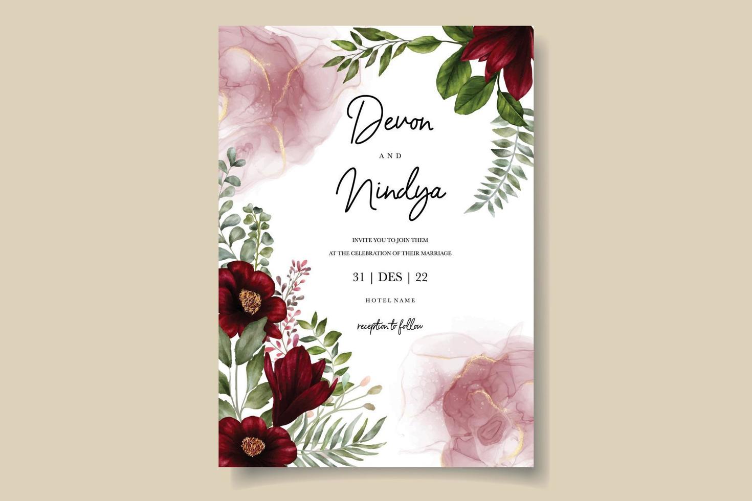 carte d'invitation de mariage belle fleur rouge aquarelle vecteur