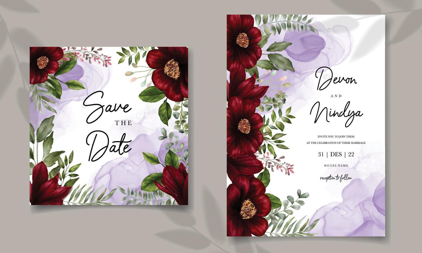 carte d'invitation de mariage belle fleur rouge aquarelle vecteur