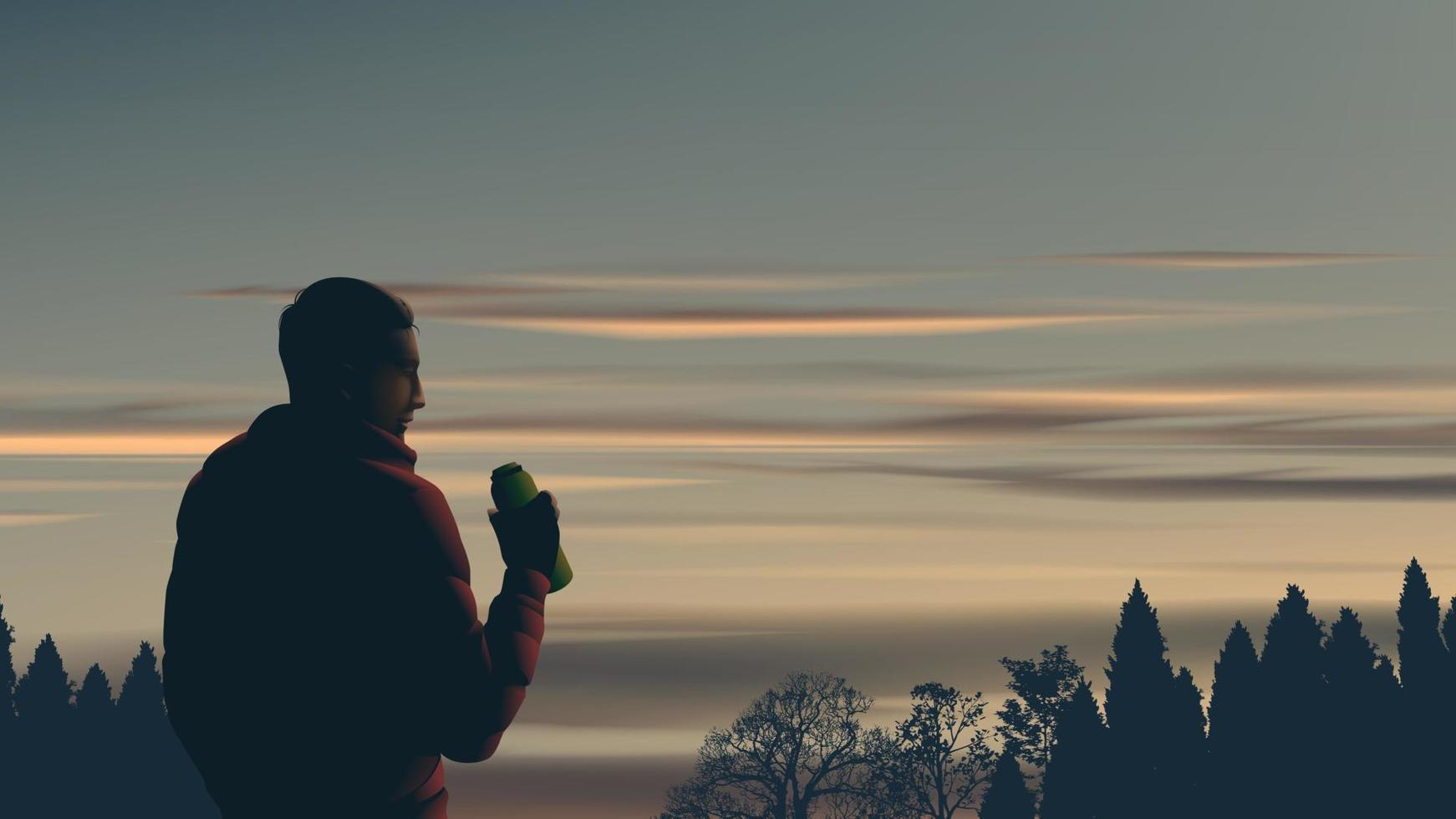 illustration vectorielle de paysage d'un homme appréciant son café dans un thermos avec une belle ambiance de soirée. vecteur