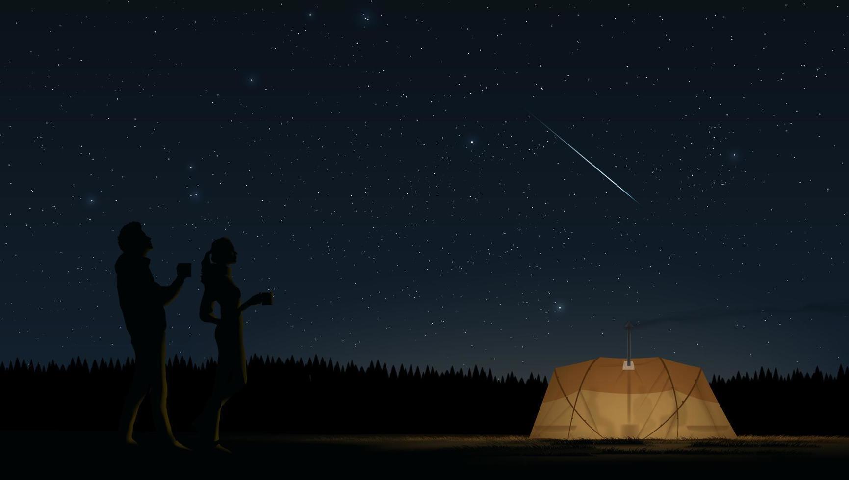 un amoureux qui s'est séparé du groupe à l'extérieur de la tente et boit un café avec désinvolture et lève les yeux pour voir la vue imprenable sur un ciel étoilé vecteur