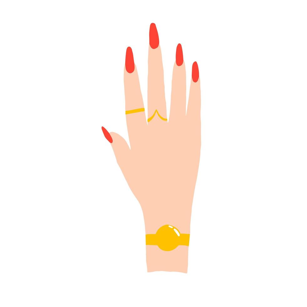 main féminine avec une belle conception d'ongles à la mode de manucure. vernis à ongles rouge. symbole de manucure. illustration vectorielle. pour cartes, affiches, autocollants et design professionnel. vecteur