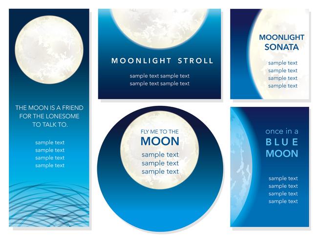 Ensemble de cinq cartes de voeux de vecteur de la nuit de la pleine lune.