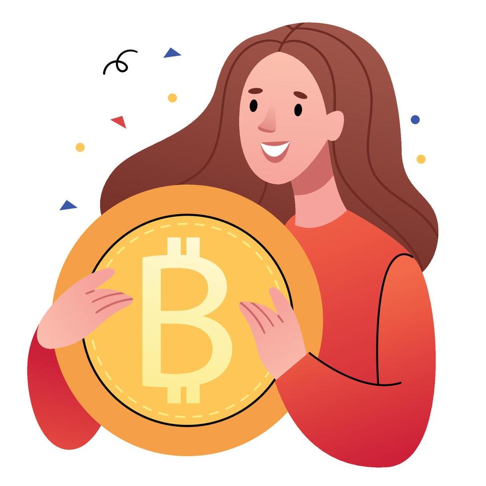 fille tenant bitcoin.investment dans le concept future.business girl.finance. vecteur