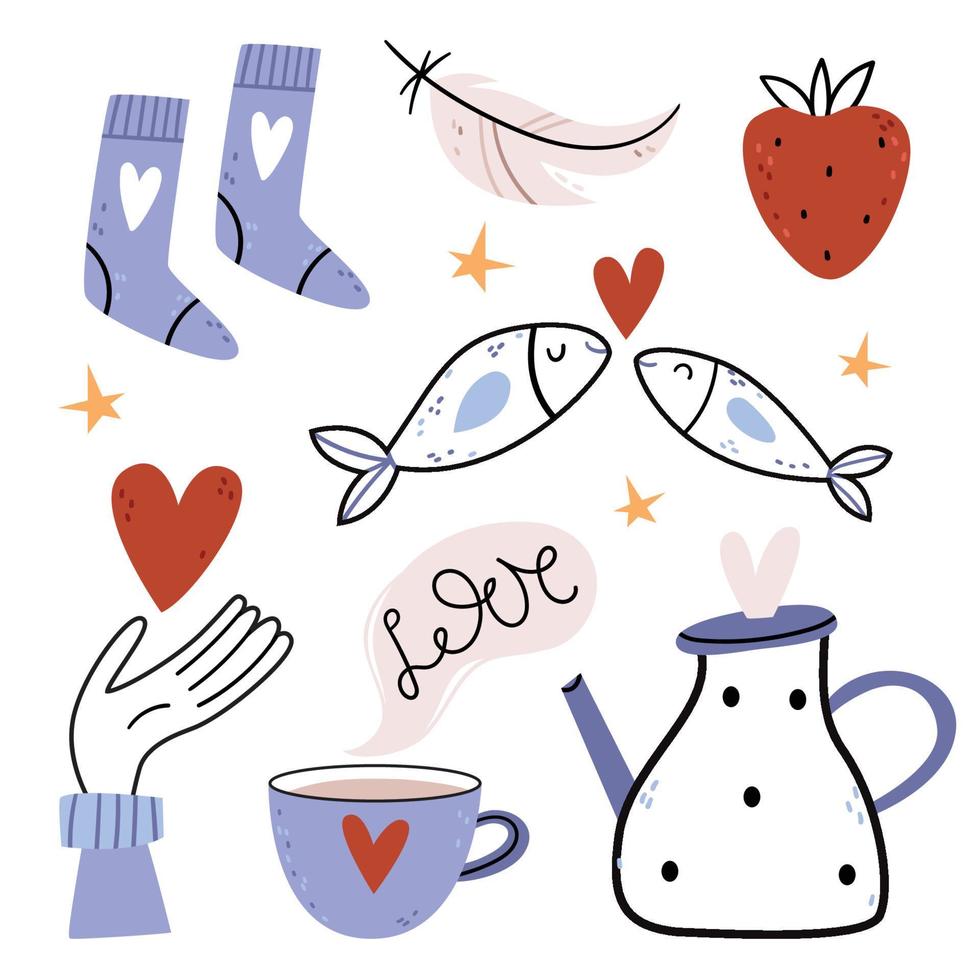 ensemble d'illustrations simples pour la saint-valentin. théière et tasse, chaussettes bleues, poisson amoureux, fraise, plumes vecteur