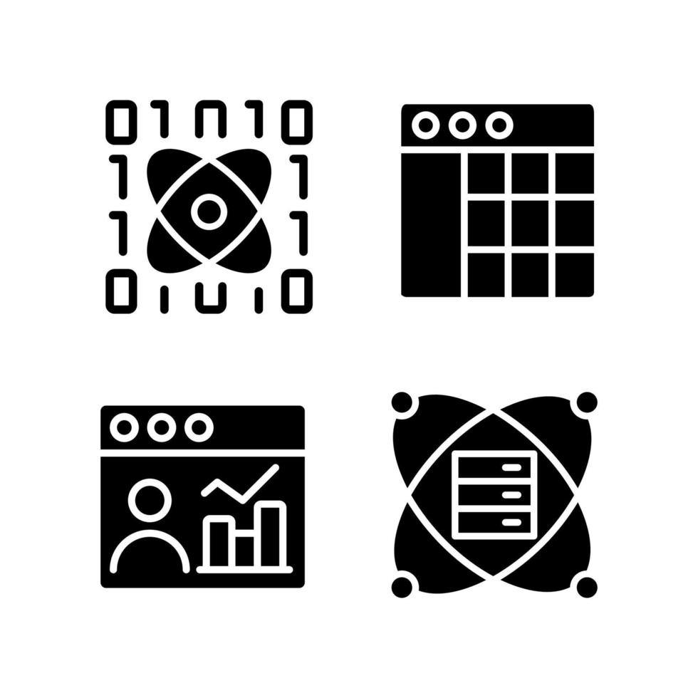 icônes de glyphes noirs d'exploration de données scientifiques définies sur un espace blanc. outils de recherche virtuelle. système d'ingénierie et technologie numérique. symboles de silhouettes. illustration vectorielle isolée vecteur