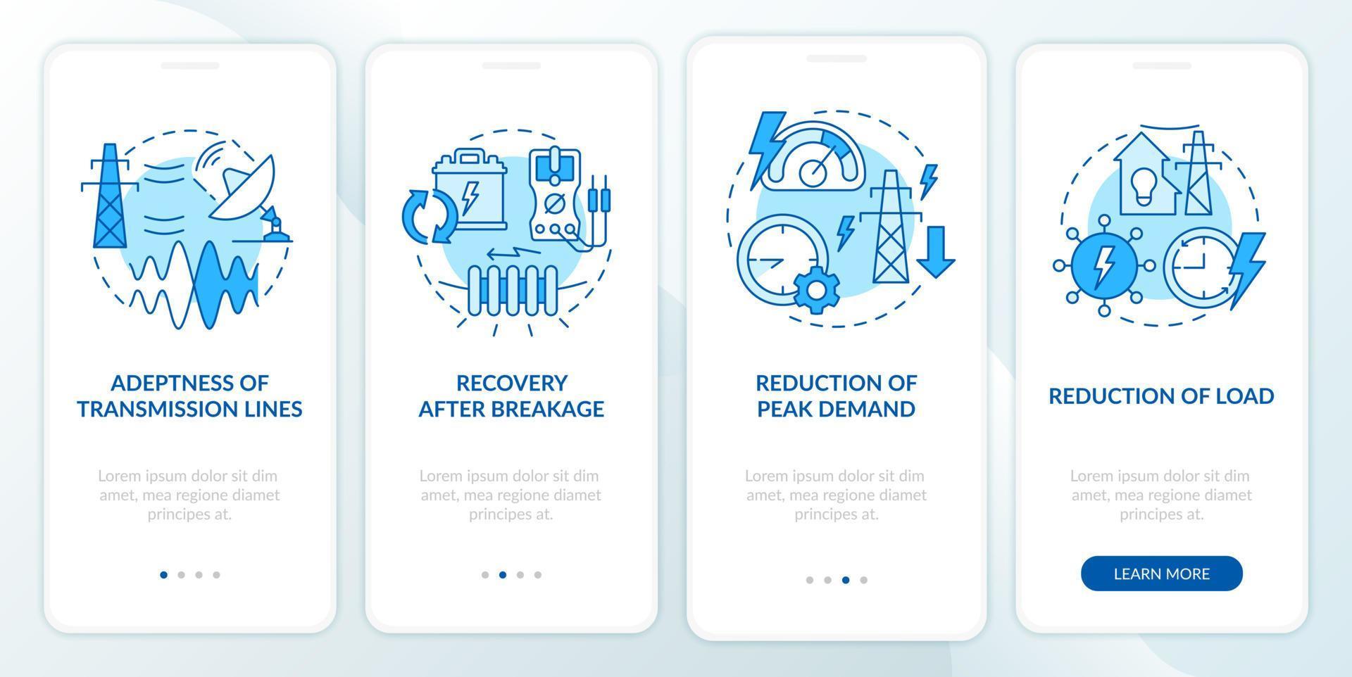 applications de l'écran de l'application mobile d'intégration smart grid blue. Procédure pas à pas d'électricité 4 étapes pages d'instructions graphiques avec des concepts linéaires. ui, ux, modèle d'interface graphique. myriade de polices pro-gras régulières utilisées vecteur