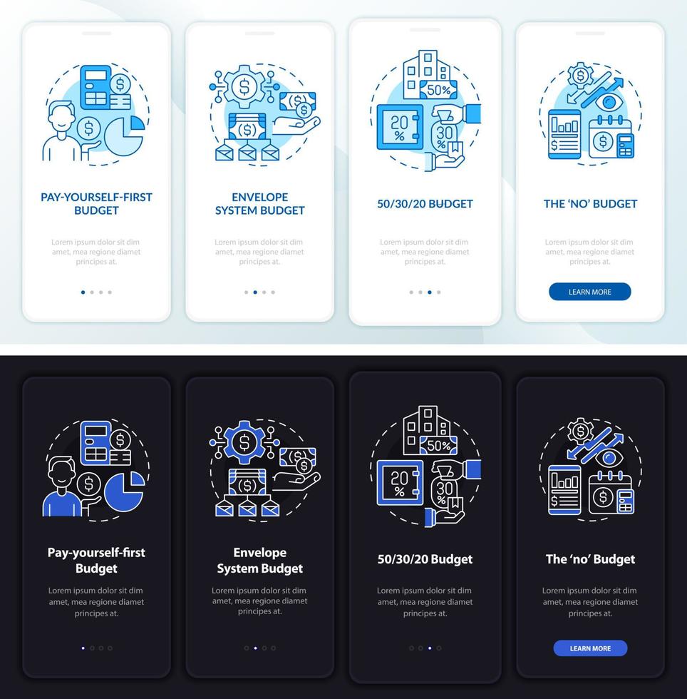 le budget approche l'écran de l'application mobile d'intégration en mode nuit et jour. pas à pas en 4 étapes pages d'instructions graphiques avec des concepts linéaires. ui, ux, modèle d'interface graphique. myriade de polices pro-gras régulières utilisées vecteur