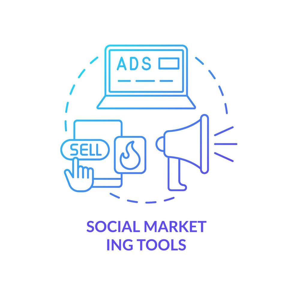 outils de marketing social icône de concept de dégradé bleu. atteindre le public grâce à l'illustration de la ligne mince de l'idée abstraite de promotion. dessin de contour isolé. roboto-medium, une myriade de polices pro-gras utilisées vecteur