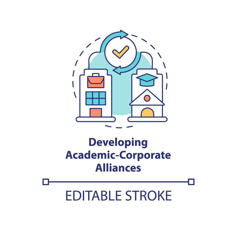 développer l'icône de concept d'alliances d'entreprises académiques. bénéfice mutuel. illustration de ligne mince d'idée abstraite de partenariat d'université et d'entreprise. dessin de couleur de contour isolé de vecteur. trait modifiable vecteur