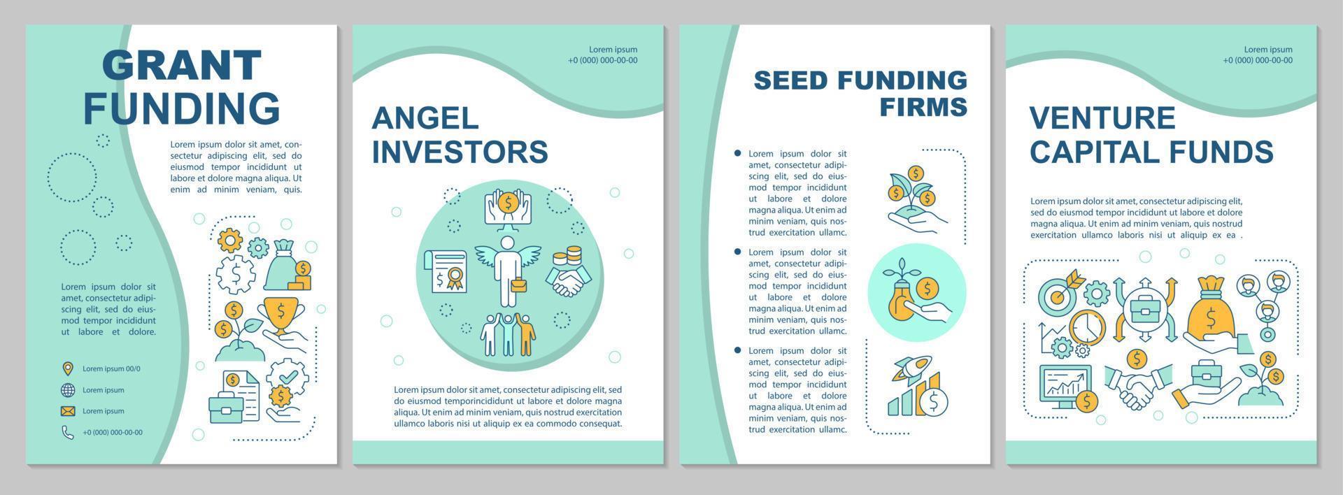 modèle de brochure de financement de l'entrepreneuriat social à la menthe. dépliant, livret, impression de dépliant, conception de la couverture avec des icônes linéaires. mises en page vectorielles pour la présentation, les rapports annuels, les pages publicitaires vecteur