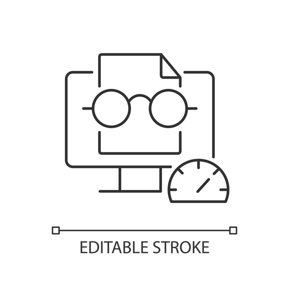 icône linéaire de lecture rapide. visualisation de l'écran numérique. lecture rapide. reconnaissance rapide des phrases. illustration personnalisable en ligne mince. symbole de contour. dessin de contour isolé de vecteur. trait modifiable vecteur