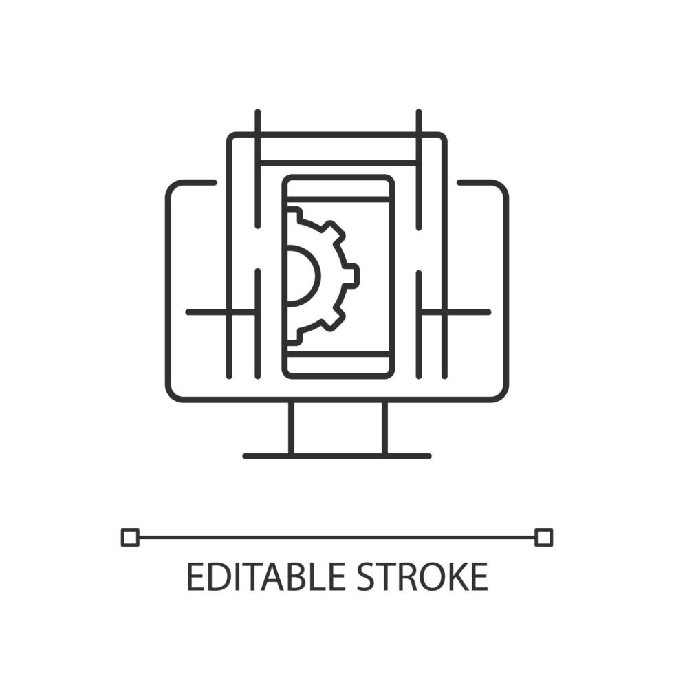 icône linéaire de conception d'expérience utilisateur. processus d'intégration du produit. prendre en charge le comportement des utilisateurs. illustration personnalisable en ligne mince. symbole de contour. dessin de contour isolé de vecteur. trait modifiable vecteur