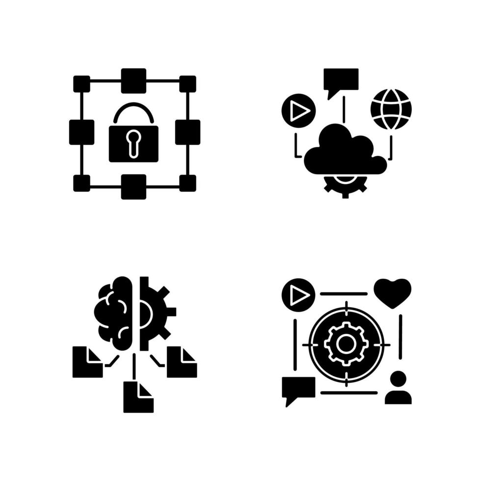 icônes de glyphe noir d'inclusion numérique définies sur un espace blanc. Cloud computing. apprentissage automatique. stockage de données cryptées. gestion de la concentration et de l'attention. symboles de silhouettes. illustration vectorielle isolée vecteur