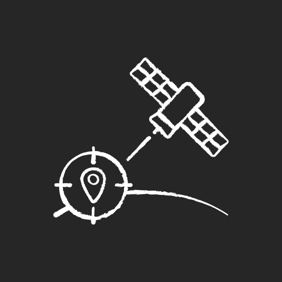 icône blanche craie satellite de navigation sur fond sombre. système mondial artificiel de radionavigation par satellite. technologie de positionnement GPS. illustration de tableau vectoriel isolé sur fond noir