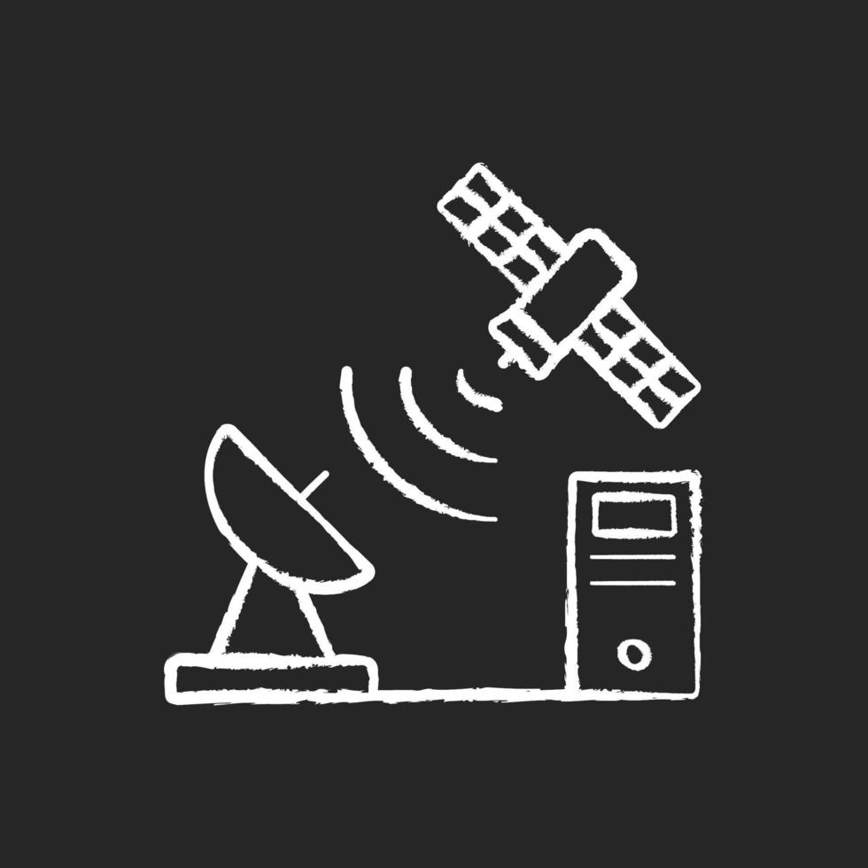 tcp sur l'icône blanche de craie satellite sur fond sombre. normes de protocole de contrôle de transmission. connexion au réseau mondial de télécommunications. illustration de tableau vectoriel isolé sur fond noir