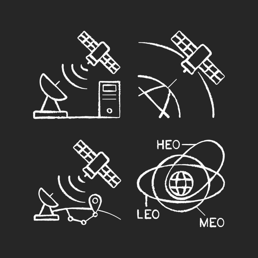 icônes blanches de craie de radionavigation par satellite sur fond sombre. orbites, trajectoires des satellites. normes de protocole de contrôle de transmission. illustrations de tableau de vecteur isolé sur noir