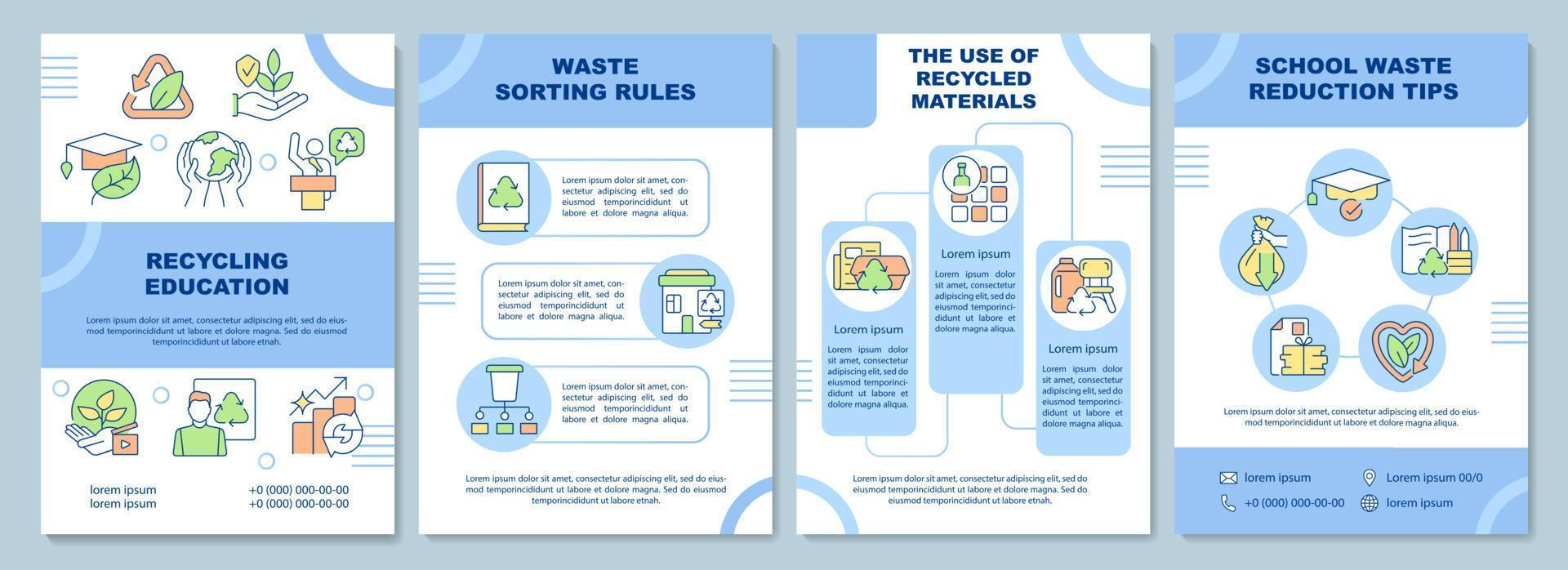 modèle de brochure d'éducation au recyclage. sensibilisation aux problèmes écologiques. dépliant, livret, impression de dépliant, conception de la couverture avec des icônes linéaires. mises en page vectorielles pour la présentation, les rapports annuels, les pages publicitaires vecteur