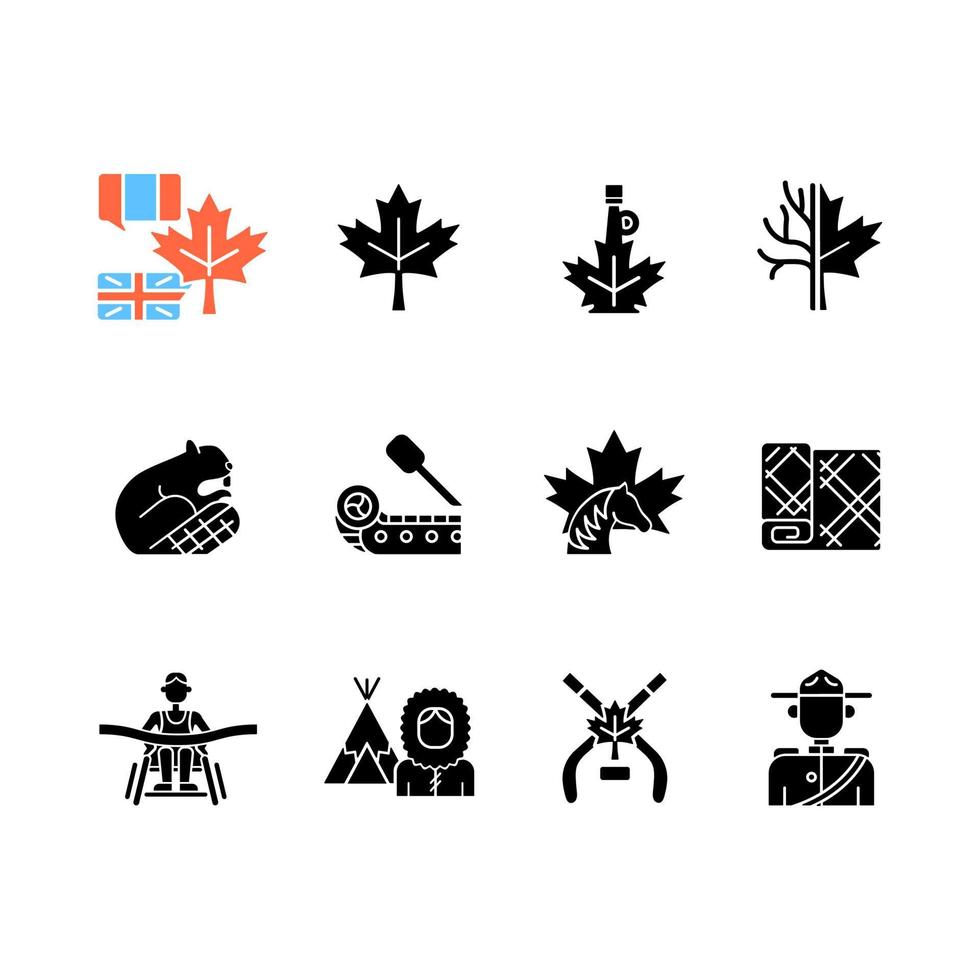 symboles canadiens icônes de glyphe noir définies sur un espace blanc. emblème canadien officiel. castor nord-américain. hockey sur glace. tartan à la feuille d'érable. symboles de silhouettes. illustration vectorielle isolée vecteur