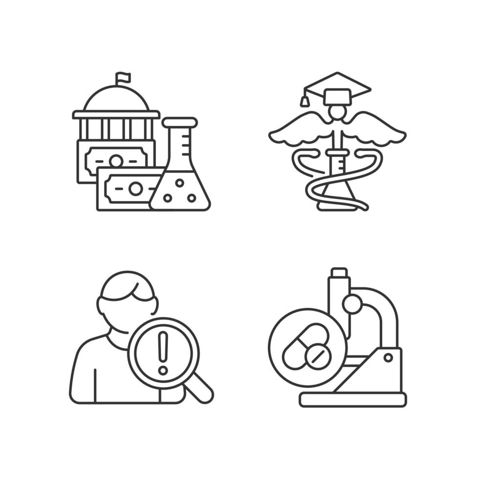 ensemble d'icônes linéaires de médecine expérimentale. Financement gouvernemental. école de médecine. étudier les facteurs de risque. symboles de contour de ligne fine personnalisables. illustrations vectorielles isolées. trait modifiable vecteur