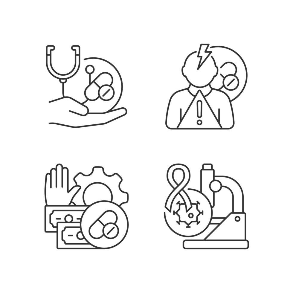 ensemble d'icônes linéaires d'études de puissance de médicament. améliorer le traitement. risque d'effets secondaires. processus de faisabilité. symboles de contour de ligne fine personnalisables. illustrations vectorielles isolées. trait modifiable vecteur