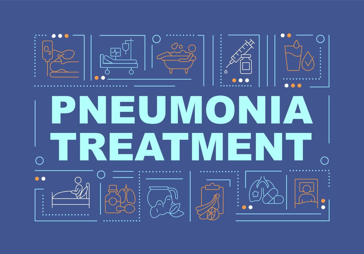 bannière de concepts de mot bleu de traitement de la pneumonie. médicaments et soins à domicile. infographie avec des icônes linéaires sur fond bleu. typographie créative isolée. illustration de couleur de contour de vecteur avec texte