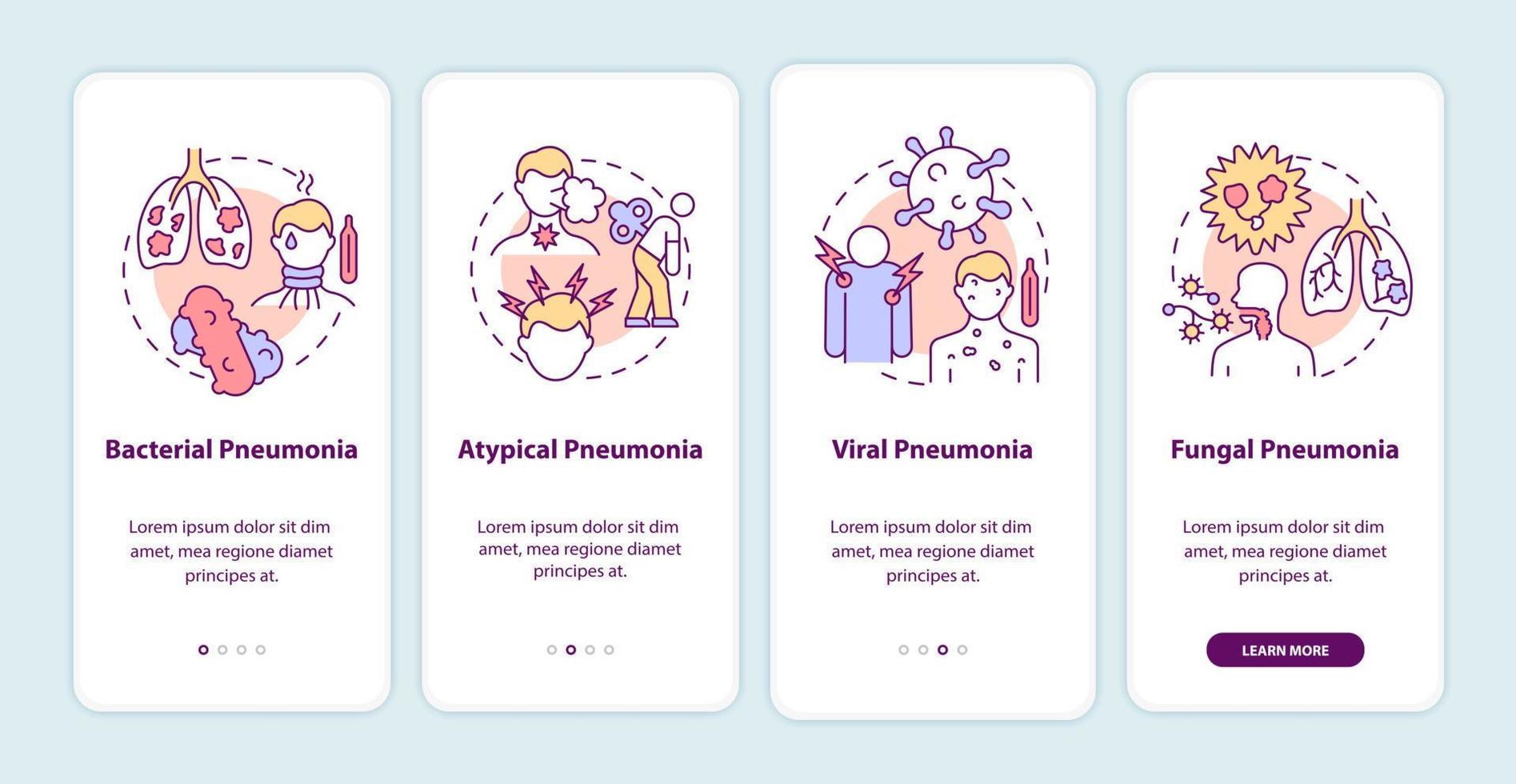 écran de la page de l'application mobile d'intégration des types de pneumonie. Procédure pas à pas pour les infections bactériennes et virales Instructions graphiques en 4 étapes avec concepts. modèle vectoriel ui, ux, gui avec illustrations couleur linéaires