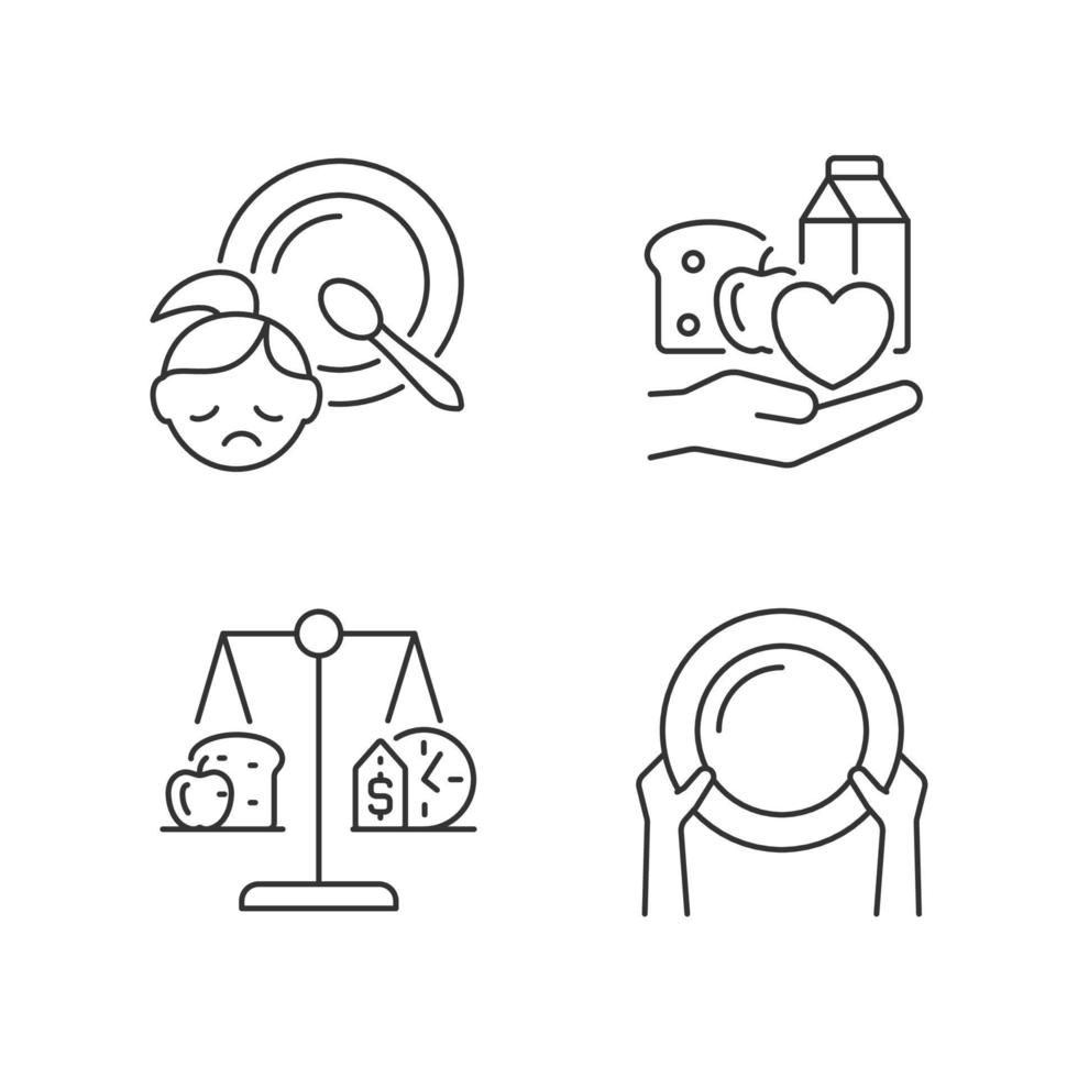 aider les personnes dans le besoin ensemble d'icônes linéaires. don de nourriture. la pauvreté et la faim. stabilité nutritionnelle. symboles de contour de ligne fine personnalisables. illustrations vectorielles isolées. trait modifiable vecteur