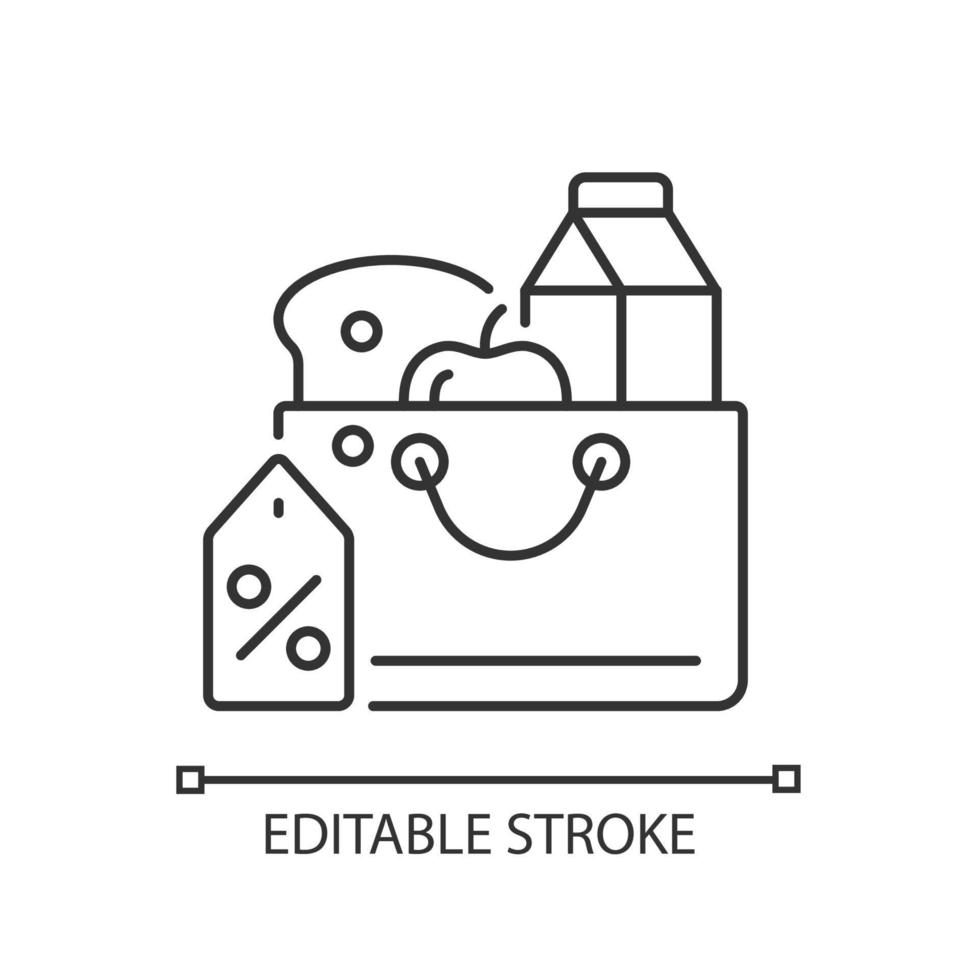 icône linéaire des prix alimentaires réduits. rabais d'épicerie. acheter des produits à bas prix. illustration personnalisable en ligne mince. symbole de contour. dessin de contour isolé de vecteur. trait modifiable vecteur