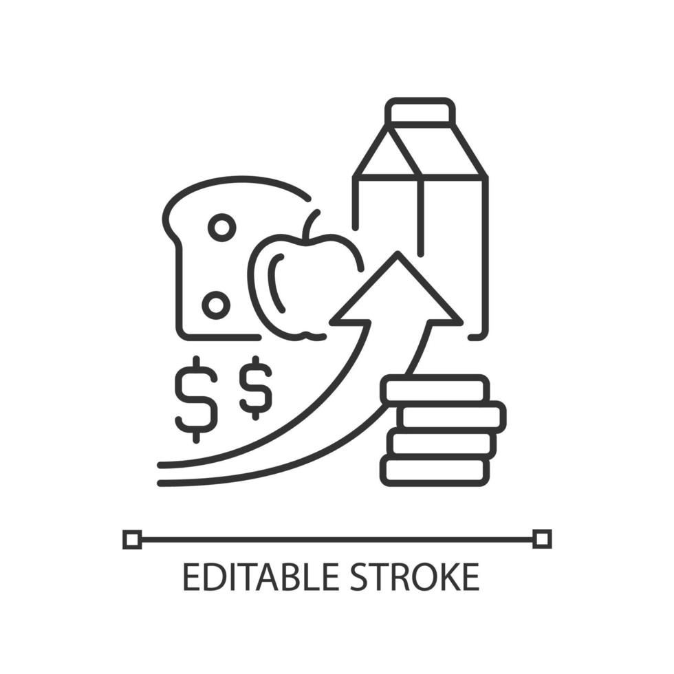 augmentation de l'icône linéaire des prix alimentaires. l'inflation des prix. l'insécurité alimentaire et la raison de la faim. illustration personnalisable en ligne mince. symbole de contour. dessin de contour isolé de vecteur. trait modifiable vecteur