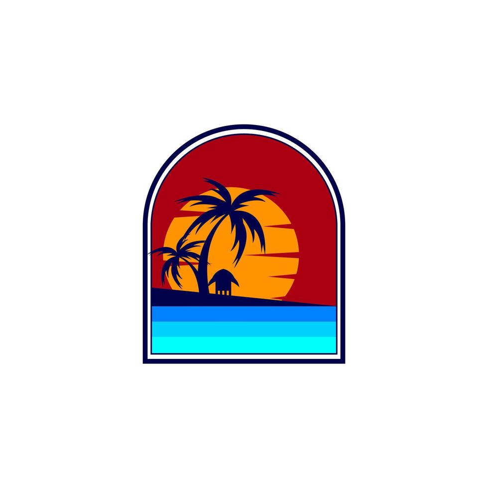 silhouette d'un logo de plage avec des cocotiers et une cabane vecteur