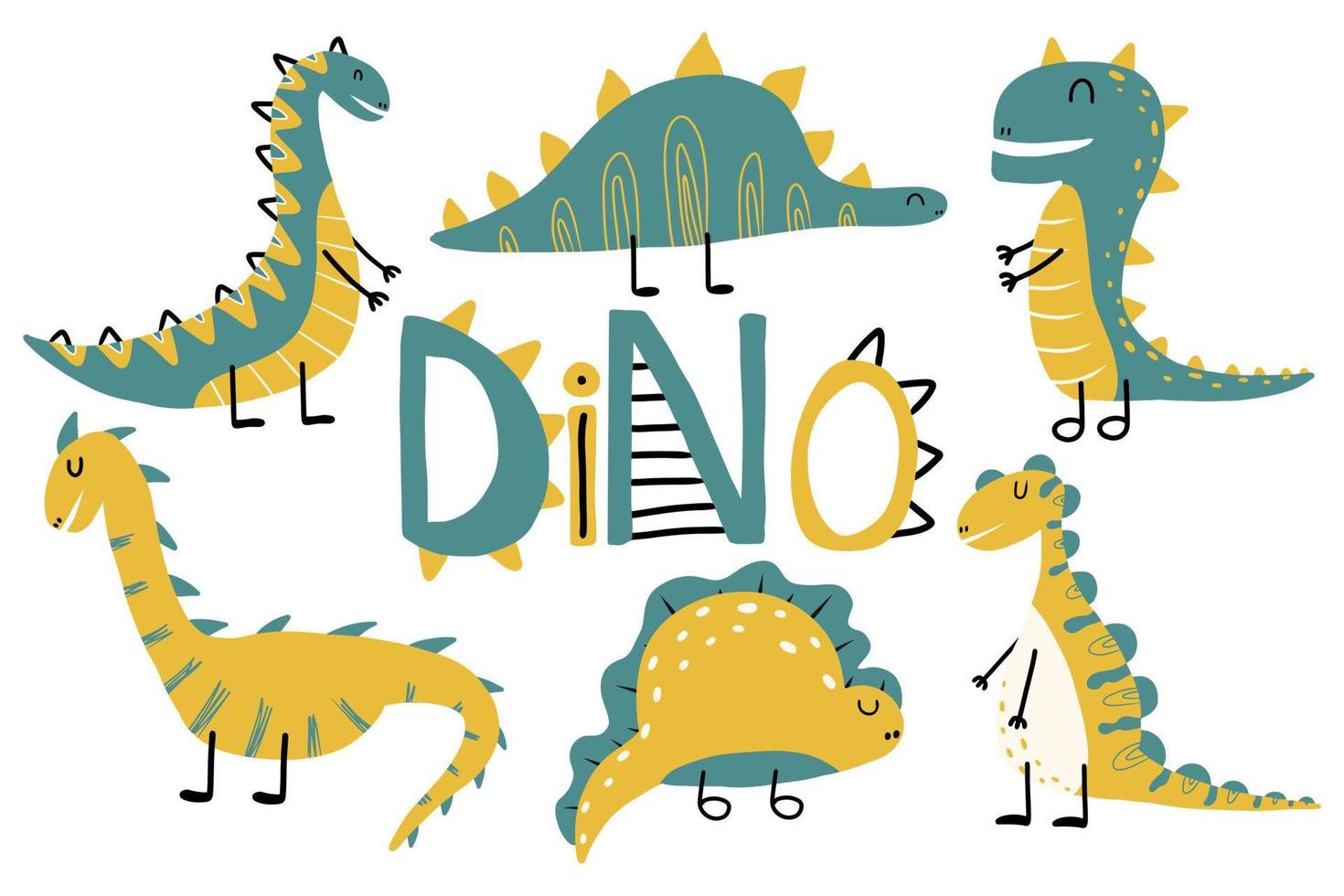 vecteur enfants ensemble de dinosaures mignons. dinosaure dessiné. dinosaures aux couleurs vertes et jaunes.