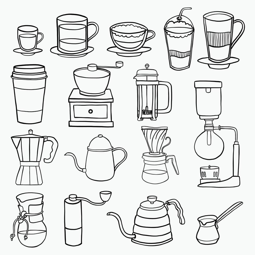 doodle croquis à main levée de la collection d'équipements de café. vecteur