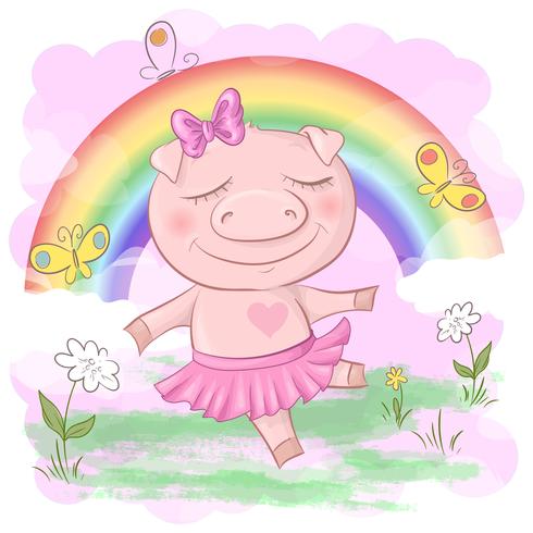 Illustration d&#39;une caricature de cochon mignon sur un fond arc en ciel. Vecteur