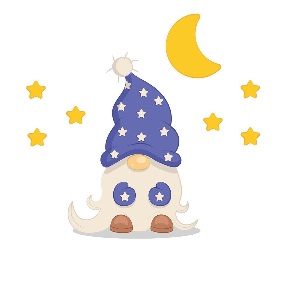 mignon gnome endormi la nuit sous la lune et les étoiles vecteur