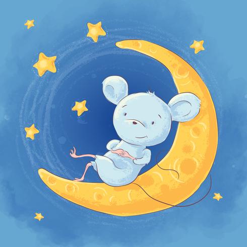 Illustration d&#39;une souris de bande dessinée mignonne sur le ciel nocturne de la lune et les étoiles. Vecteur