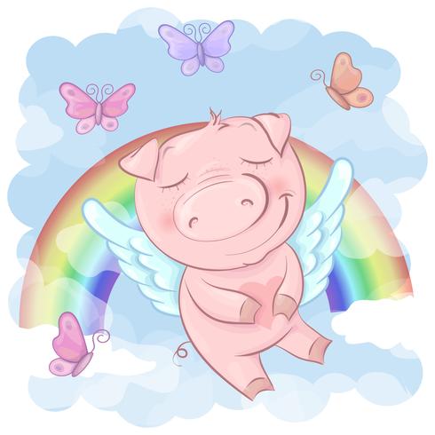 Illustration d&#39;une caricature de cochon mignon sur un fond arc en ciel. Vecteur