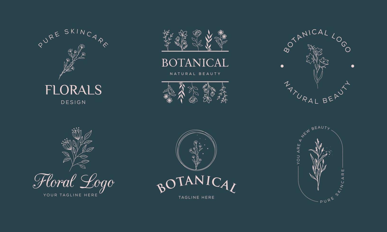 vecteur d'élément floral botanique logo tendance dessiné à la main avec des fleurs et des feuilles sauvages. logo pour spa et salon de beauté, boutique, magasin bio, mariage, designer floral, intérieur, photographie, cosmétique.