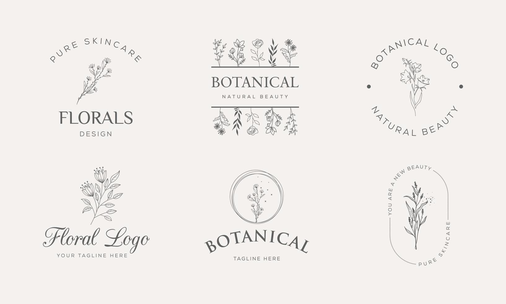 vecteur d'élément floral botanique logo tendance dessiné à la main avec des fleurs et des feuilles sauvages. logo pour spa et salon de beauté, boutique, magasin bio, mariage, designer floral, intérieur, photographie, cosmétique.