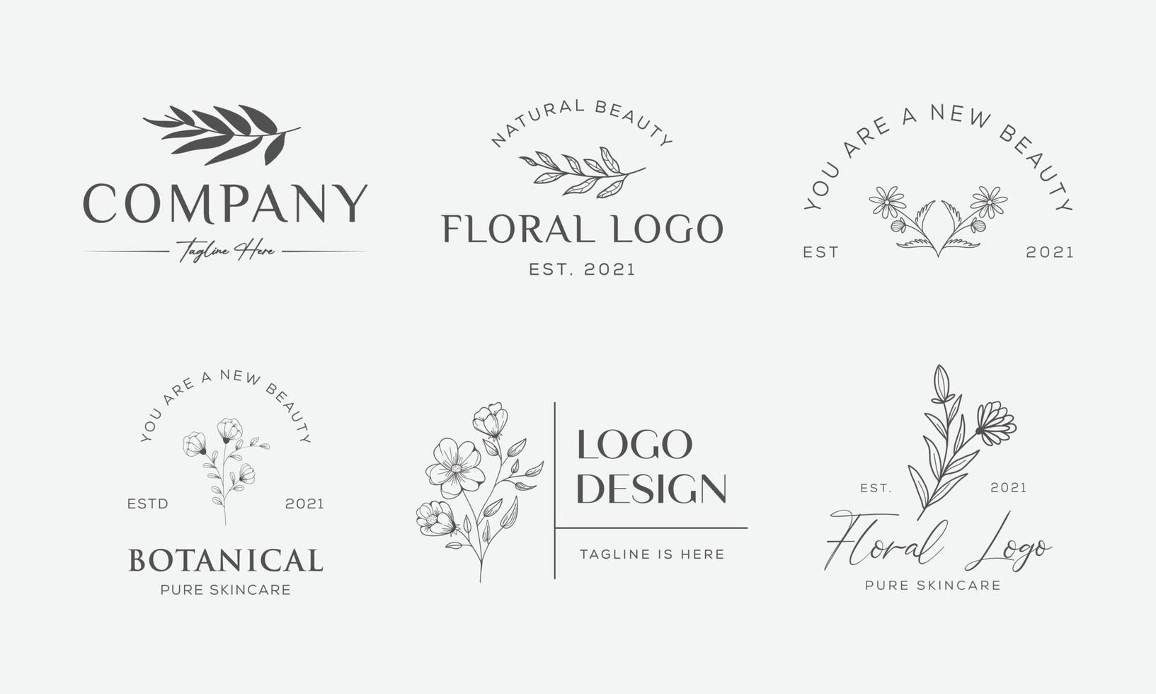 vecteur d'élément floral botanique logo tendance dessiné à la main avec des fleurs et des feuilles sauvages. logo pour spa et salon de beauté, boutique, magasin bio, mariage, designer floral, intérieur, photographie, cosmétique.