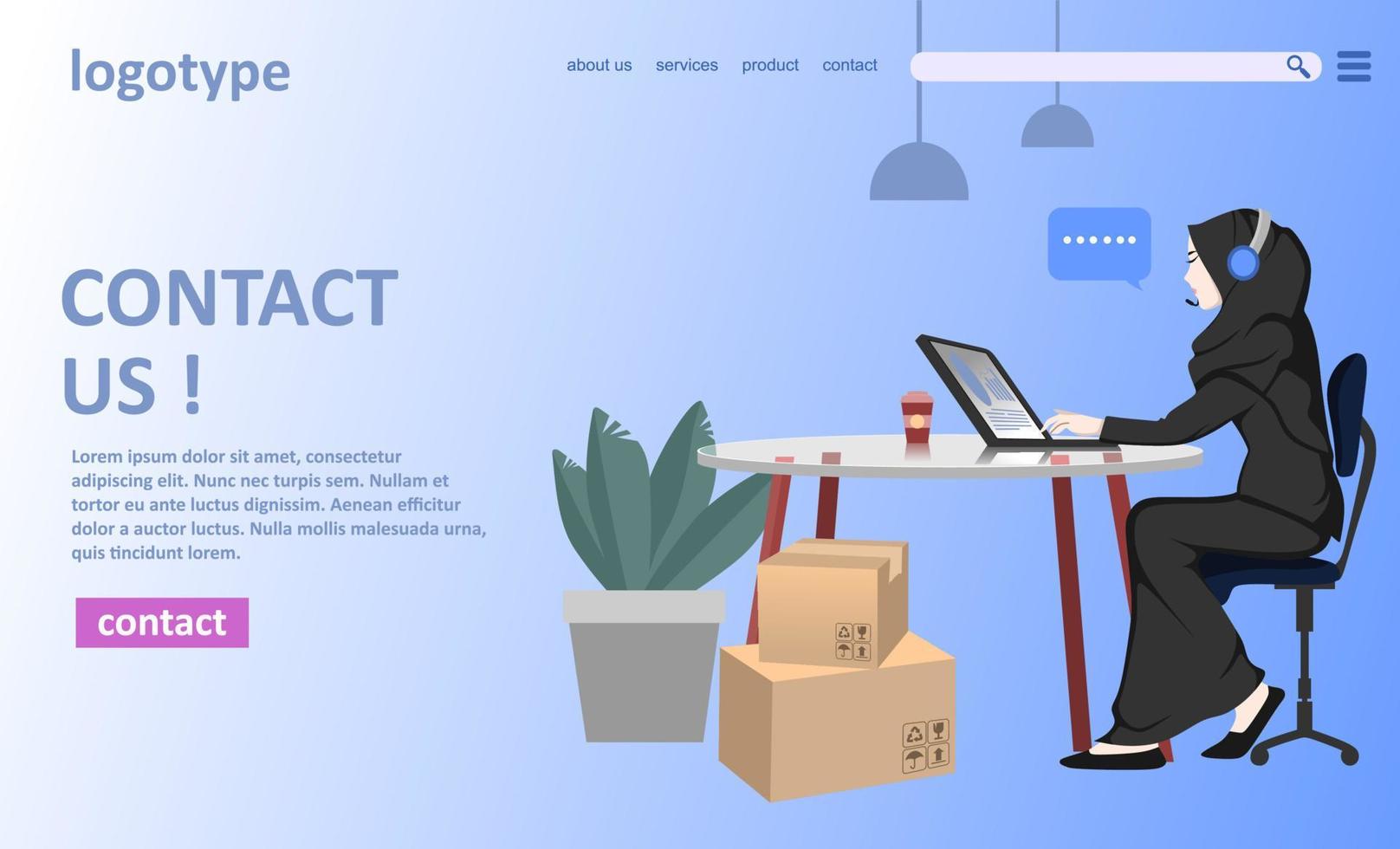contactez-nous concept d'illustration vectorielle à plat avec une opératrice musulmane, peut être utilisé pour les pages de destination, l'interface utilisateur, le web, les cartes d'introduction d'application, les éditoriaux, les dépliants et les bannières. vecteur
