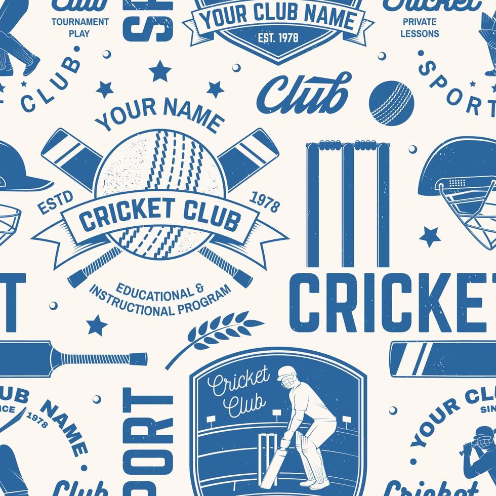 motif ou arrière-plan harmonieux de club de cricket. vecteur. motif sport harmonieux avec balle de cricket, guichet, caution et silhouette de casque. texture de club de sport de cricket. vecteur