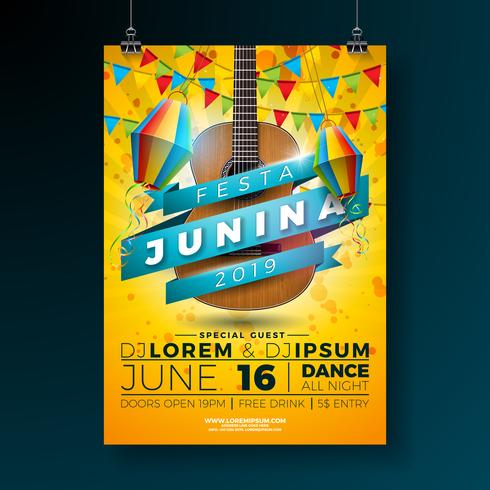 Festa Junina Party Flyer Illustration avec la conception de la typographie et de la guitare acoustique. Drapeaux et lanterne en papier sur fond jaune. Conception de festival de vecteur Brésil juin